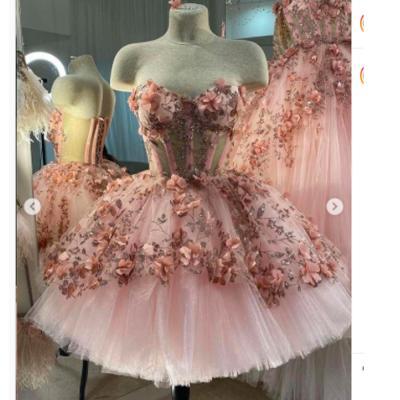 cocktail prom dresses, 2021 prom dresses, hand made flowers evening dresses, short prom dresses, 3d flowers evening gowns, sweetheart evening gowns, beaded party dress, ball gown cocktail dress, pink homecoming dresses, lace graduation dresses, cheap prom dress, flowers party dress