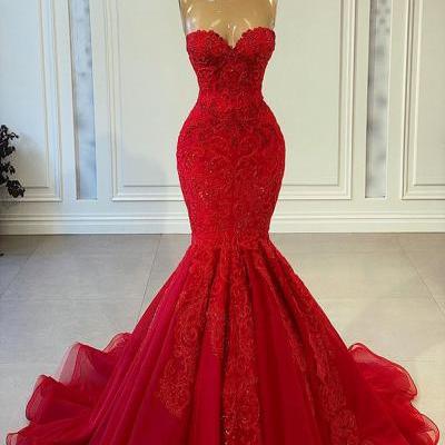 red prom dresses, 2022 prom dresses, mermaid prom dresses, sweetheart neckline prom dresses, lace prom dresses, red evening dresses, mermaid evening gowns, fashion party dresses, red evening gowns