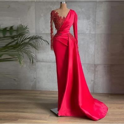 Glamorous Red Satin Dubai Evening Dresses Long Sleeves Sheer Neck Beads 2022 Prom Gowns Celebrity Formal Dress فساتين السهرة