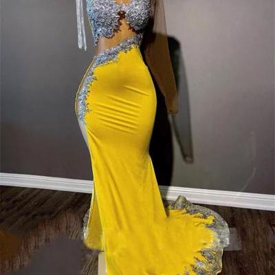 Sexy Yellow Mermaid Prom Dresses 2022 for Black Girl Long Sleeve with Tassels High Slit African Women Formal Evening Party Gowns