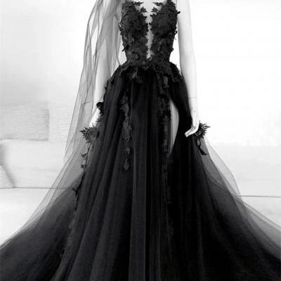 Gothic Black Wedding Dresses Sexy Backless High Side Split A-line Bridal Dress Lace Wedding Gowns Without Veil Vestido De Novia
