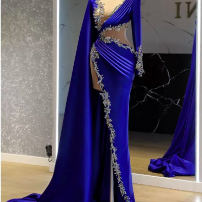 New Blue Sexy Elegant Evening Dresses Long Sleeves With Wrap Appliques High Split Arabic Women Prom Party Gowns Custom Made 2022 