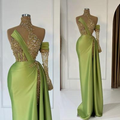 2023 Arabic Mermaid Split Prom Dresses Mint Green Beaded Sequined High Neck Evening Formal Party Second Reception Gowns
