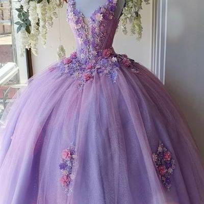 sexy prom dresses, v neck prom dresses, lace prom dresses, hand made flowers prom dresses, 3d flowers prom dresses, ball gown evening dresses, tulle formal dresses, purple evening dresses