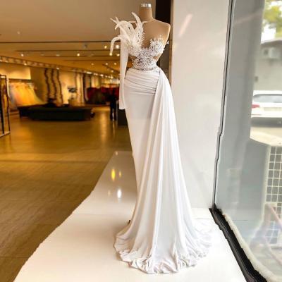 Sexy White Formal Prom Dresses Lace Appliques Feathers Pleats Floor-Length Evening Gown Custom Made New Arrival Robes De Soirée