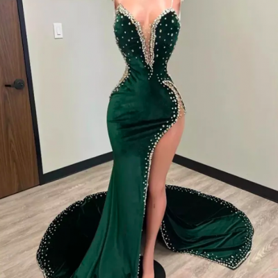 Hunter Green Velvet Prom Dresses African aso ebi Mermiad Evening Dress With Cape Slit Spaghetti Sparkly Beaded abends