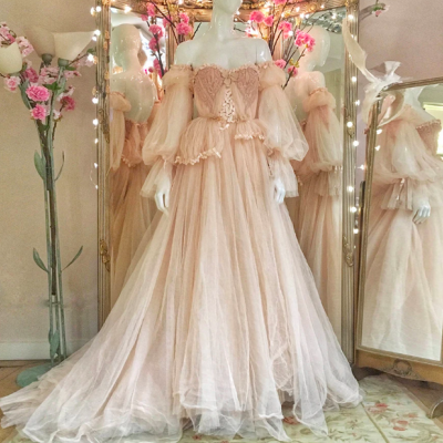 Fairy Blush Tulle Prom Dresses Off Shoulder Long Sleeves Ribbons A-Line Wedding Party Dresses 2021 Formal Evening Gowns