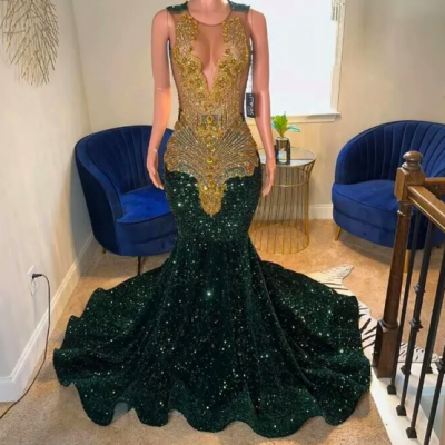 Dark Green Velvet Sequin Golden Crystal Prom Dresses 2024 For Black Girls Luxury Graduation Gown Mermiad Party Dress Wedding