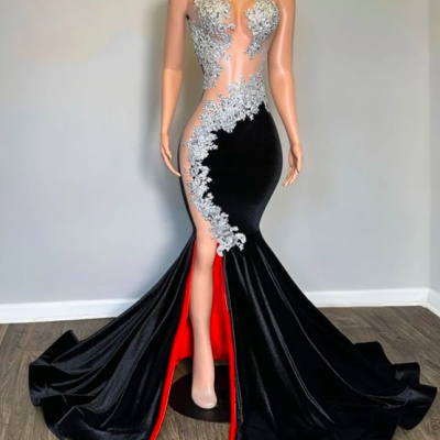 Red Linning Sliver Beaded Lace Appliques Black Velvet Slit Prom Dress Mermaid Ladies Dresses For Special Occasions Sexy Party