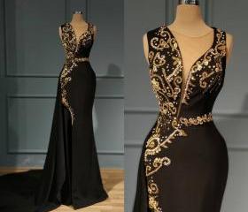 Gold Velvet Appliques Beadings Mermaid Black Girl Evening Dress, DP2654