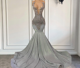 Silver Long Prom Dresses 2023 Sexy Mermaid Fitted Halter Luxury Sparkly ...