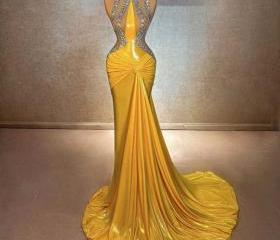 Yellow Lace Up Sheath Satin Halter Prom Dresses LBQ3155 main image 1