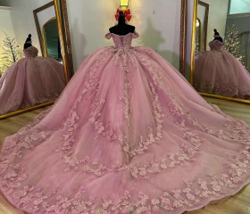 Pink Off Shoulder Ball Gown Quinceanera Dresses 3D Appliques Corset Dress Y6791
