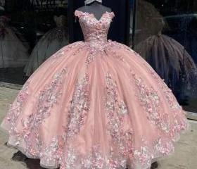 Off Shoulder Sleeveless 3D Flower Appliques Ruffles Pink Sweet 15 Quinceañera Dress WQ1817
