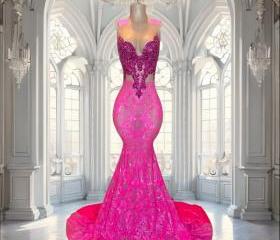 Mermaid Prom Dress Lace Appliques Sheer Back Bridesmaid Dress BD024