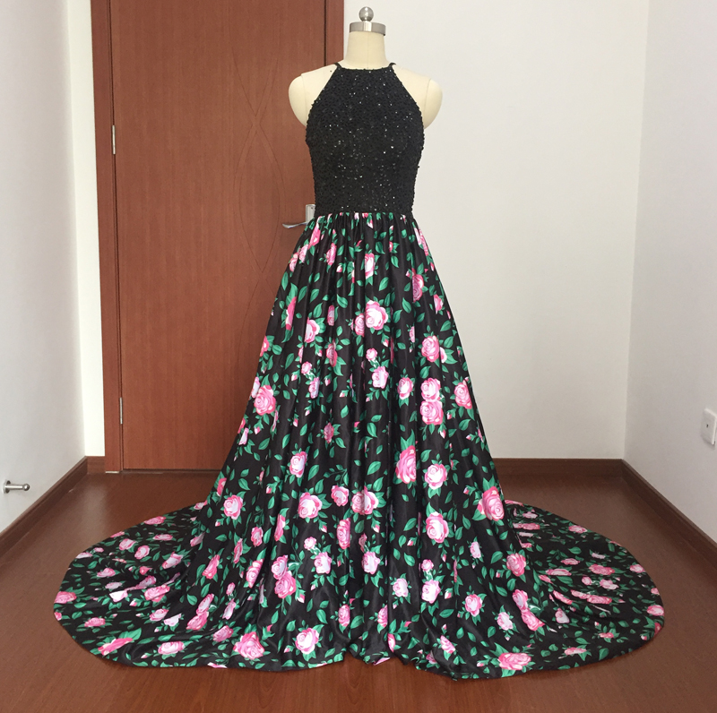 Halter Beaded Floral Print A-line Long Prom Dress, Evening Dress With Court Train