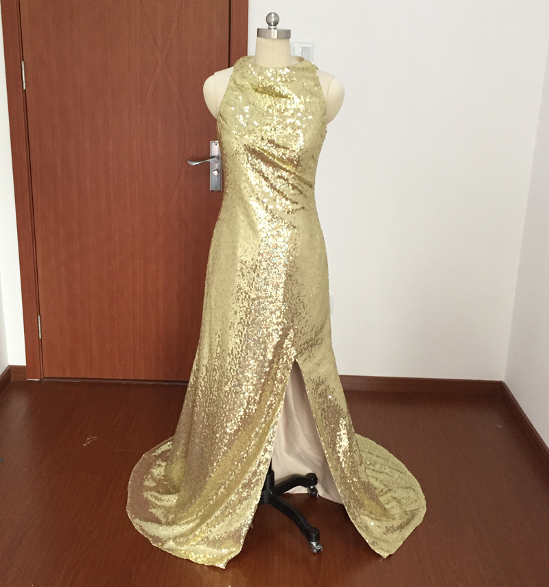 Real Picture Prom Dresses, Gold Bridesmaid Dresses, Crew Neckline Prom Dresses, Side Slit Prom Dresses, Gold Sequins Bridesmaid Dresses, Gold