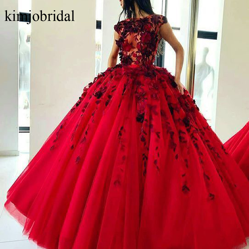 red flower prom dress