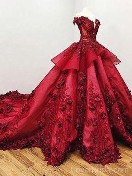 Red Prom Dresses, Ball Gown Prom Dresses, Lace Evening Dresses, Formal Dresses, Arabic Prom Dresses, Lace Evening Dresses, Flowers Prom Dresses,