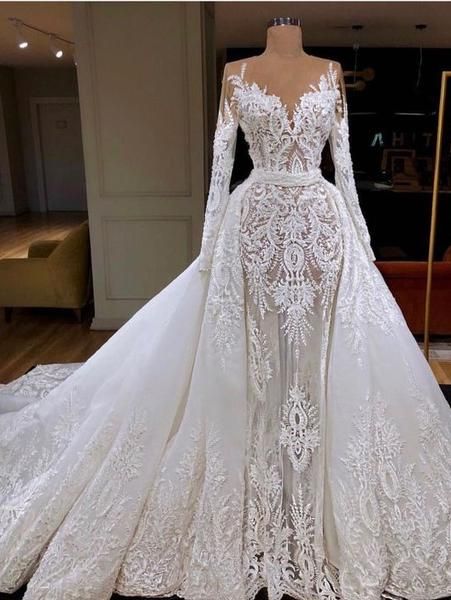 Detachable Wedding Dresses, Long Sleeve Wedding Dresses, Lace Wedding Dress, Detachable Bridal Dresses, Long Sleeve Bridal Dress, Arabic Wedding