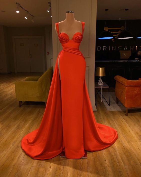 Red Prom Dresses, 2020 Sweetheart Prom Dresses, Satin Evening Dresses, A Line Evening Dresses, Pleats Prom Dresses, Side Slit Prom Dresses, A
