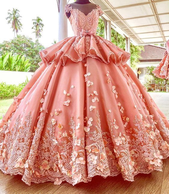 Ball Gown Prom Dresses, Pink Prom Dress, Lace Prom Dresses, Flowers Prom Dresses, Arabic Prom Dresses, Sheer Crew Neck Prom Dress, Bowknot Prom