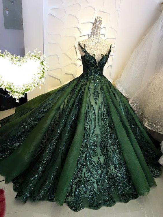 Ball Gown Prom Dresses, Lace Prom Dresses, Sequins Prom Dresses, Green Prom Dresses, V Neck Prom Dresses, Sparkly Formal Dresses, Party