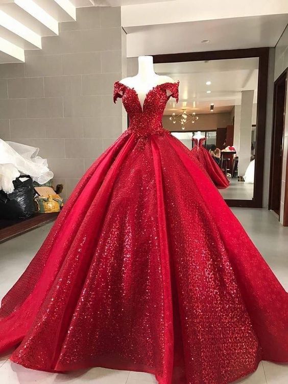 Sparkly Prom Dresses, Ball Gown Prom Dresses, Sweetheart Prom Dresses, Sequins Prom Dresses, Red Evening Dresses, Ball Gown Evening Dresses, Red