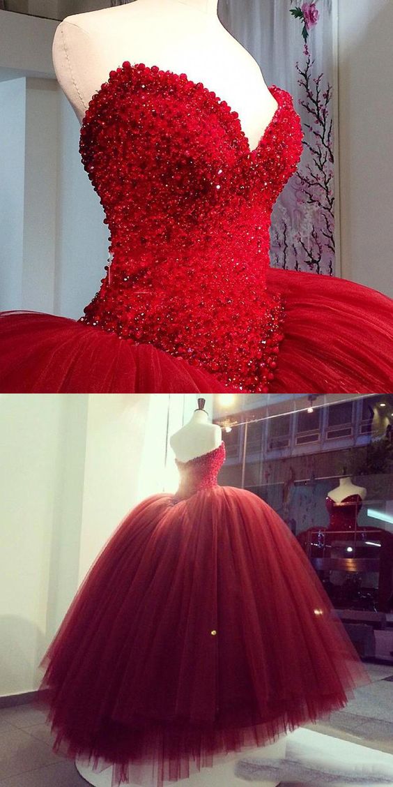 Red Prom Dresses, Ball Gown Prom Dress, Sweetheart Prom Dresses, Puffy Evening Dresses, Tulle Evening Dresses, Sexy Evening Dresses, Pearls Prom