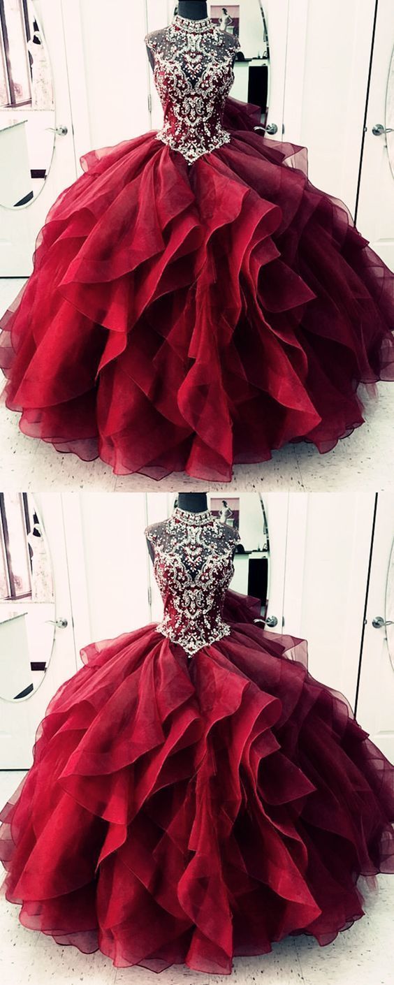 Red Prom Dresses, High Neck Prom Dresses, Crystal Prom Dresses, Ruffle Prom Dresses, Organza Prom Dreses, Tulle Prom Dresses, Sheer Bodice Prom