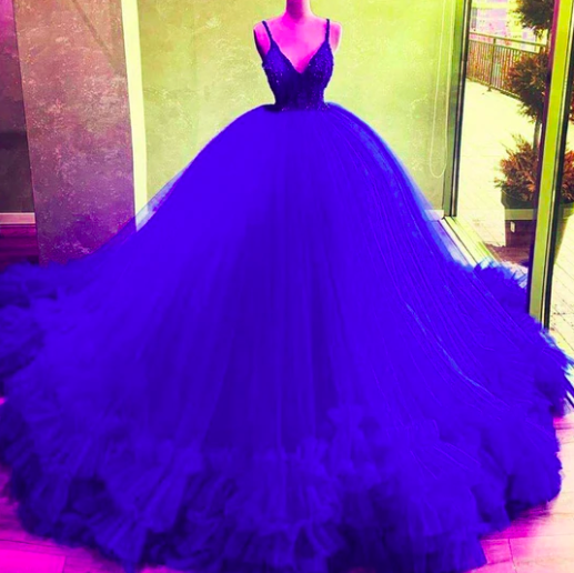 Ball Gown Prom Dresses, Blue Prom Dress, Tulle Prom Dresses, Puffy Evening Dresses, V Neck Prom Dresses, Dark Blue Prom Dresses, Ball Gown