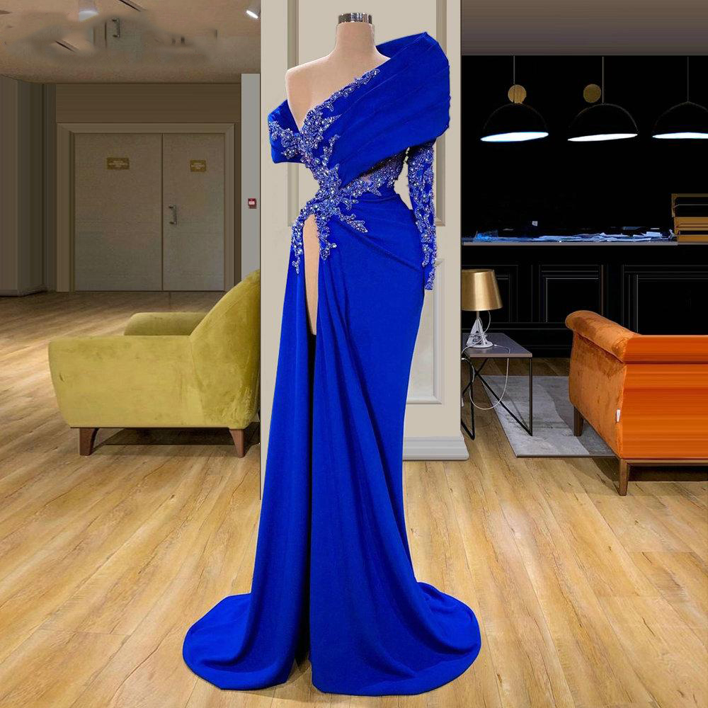 Blue Prom Dresses, Crystal Prom Dress, Side Slit Prom Dress, Satin Evening Dresses, Long Evening Dresses, A Line Formal Dresses, Formal