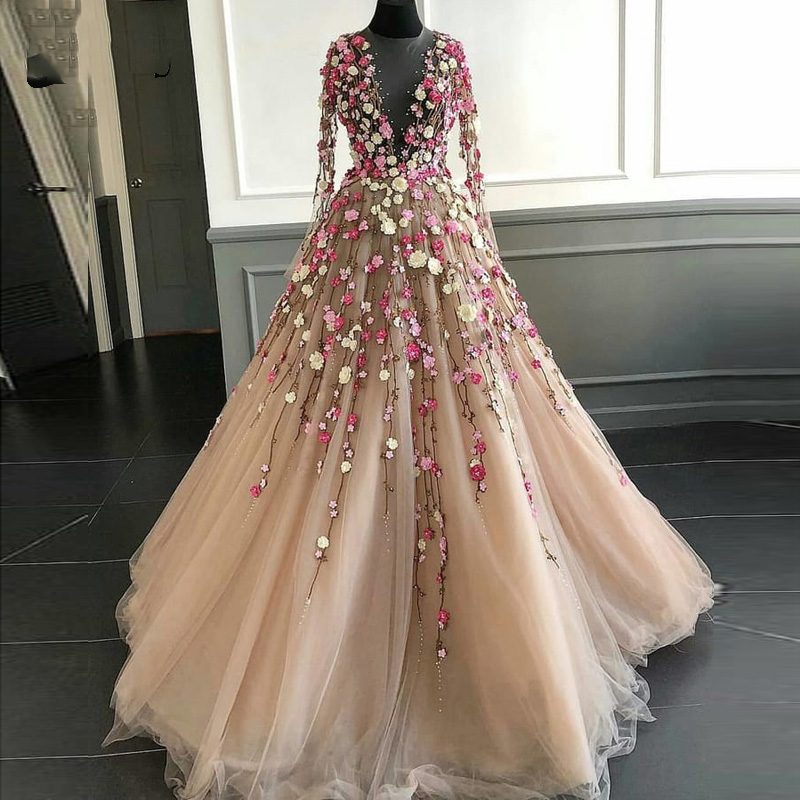 Flowers Prom Dresses, Champagne Prom Dreses, Long Sleeve Prom Dresses, Ball Gown Evening Dresses, Luxury Prom Dresses, Embroidery Prom Dresses,