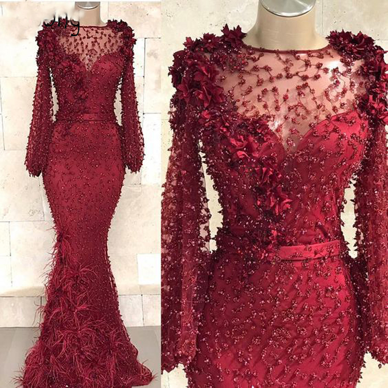 High Neck Dubai Abaya Red Evening Dresses Mermaid With Rose Floral Ruffles  Sheer Neck Long Sleeve Prom Dresses With Bra Sexy Celebrity Dress, Best In  Long Gown
