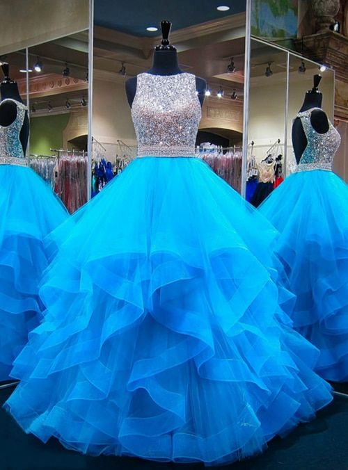 Crystal Prom Dresses, Ball Gown Prom Dresses, Ball Gown Prom Dresses, Tiered Evening Dresses, Formal Dresses, Blue Prom Dresses, Party Dresses,