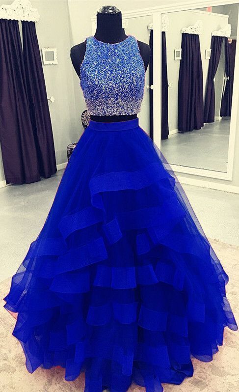 Two Pieces Prom Dresses, Crew Prom Dresses, Ball Gown Prom Dresses, Ruffle Evening Dresses, Royal Blue Evening Dresses, Fashion Evening