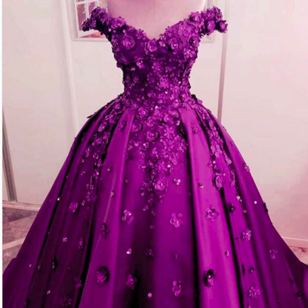 Purple Prom Dresses, 2021 Prom Dresses, Hand Made Flowers Prom Dresses, Lace Prom Dresses, V Neck Prom Dresses, Ball Gown Prom Dresses, Hand Made