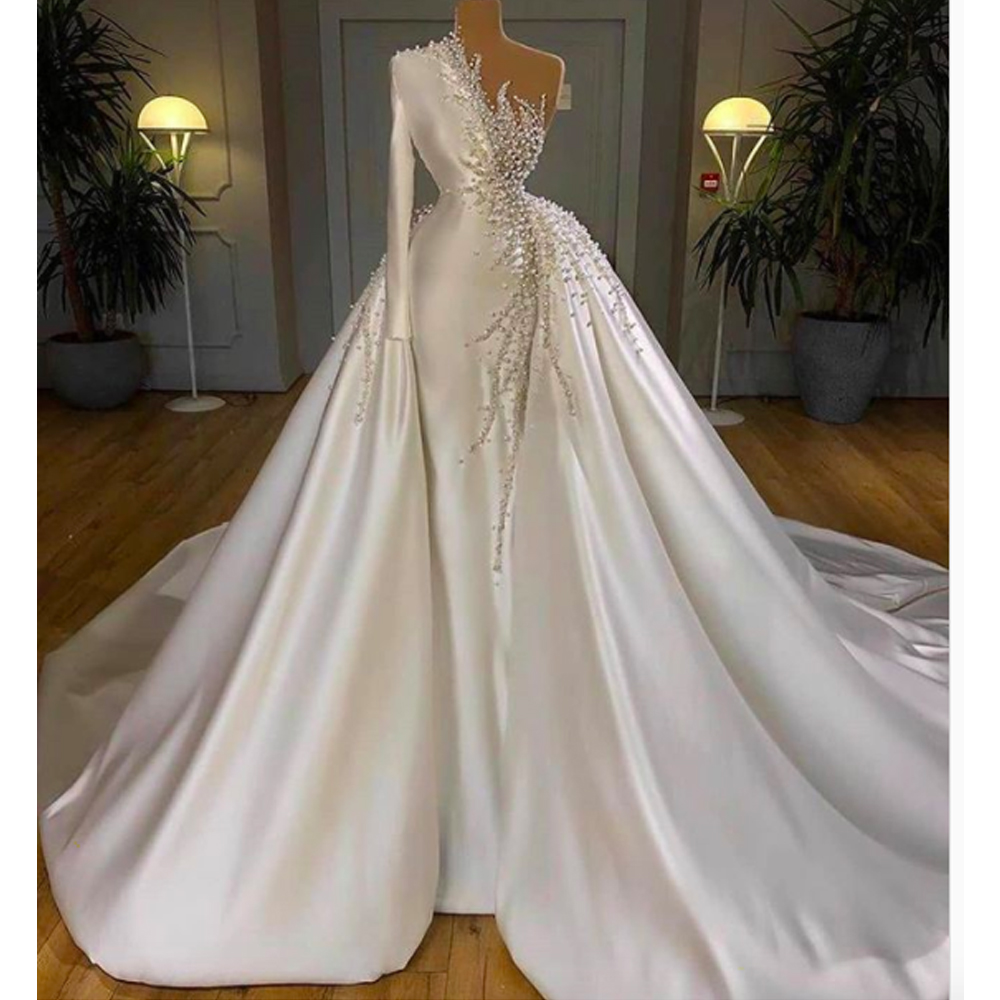 White Prom Dresses, Lace Prom Dresses, Pearls Prom Dresses, Detachable Prom Dresses, White Evening Dresses, 2021 Evening Dresses, Satin Evening