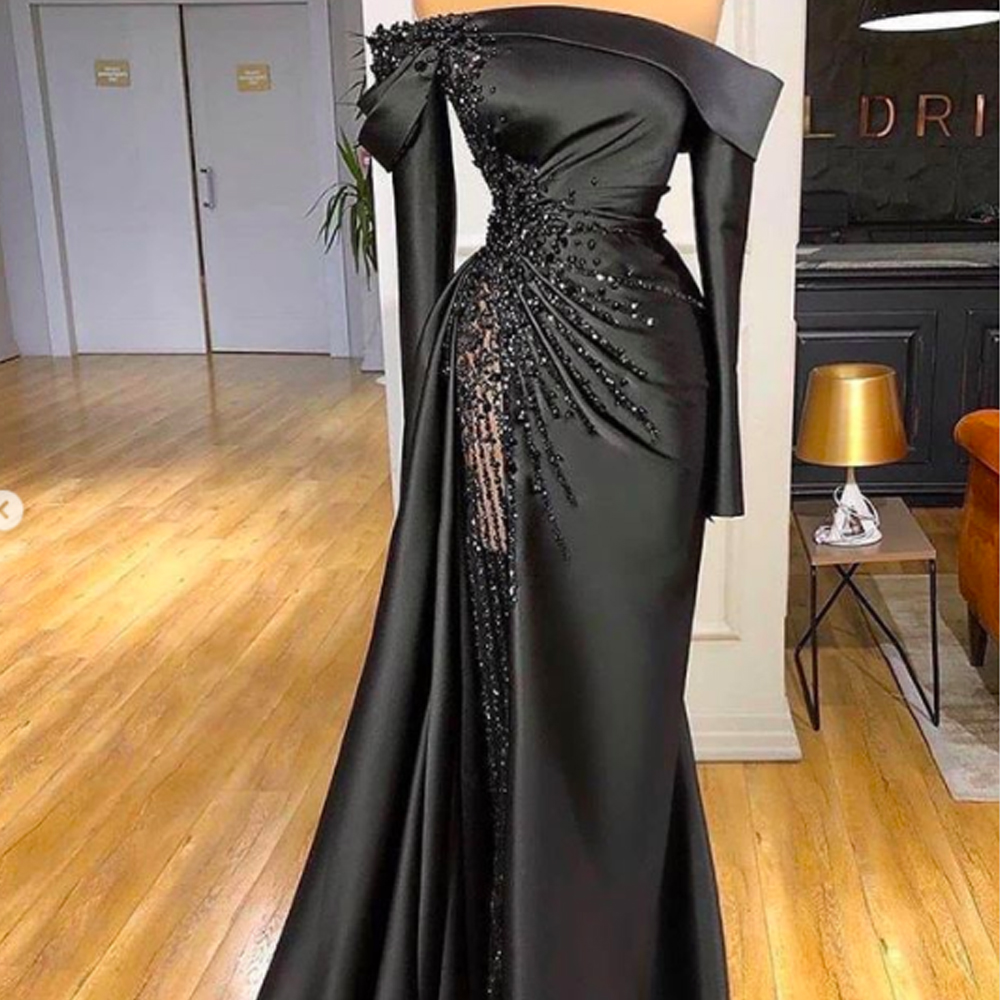 Black Prom Dresses 2021, One Shoulder Prom Dresses, Feather Prom Dresses, Black Evening Dresses, Long Sleeve Prom Dresses, Side Slit Prom