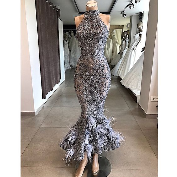 Grey Prom Dresses, Pearls Prom Dresses, Halter Neck Prom Dresses, Lace Prom Dresses, Ruffle Prom Dresses, Beaded Evening Dresses, Feather Prom