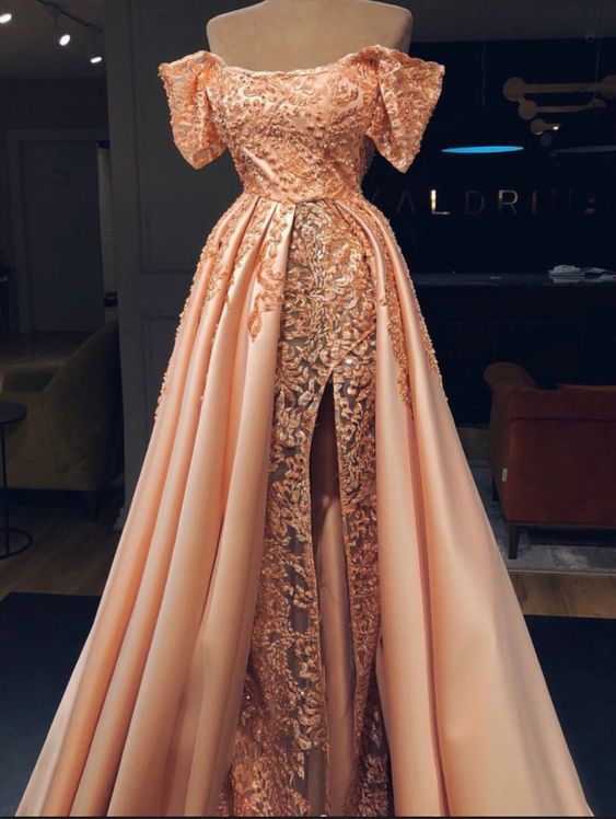 Yellow Prom Dresses, Side Sit Prom Dresses, Lace Evening Dresses, Lace Formal Dresses, Custom Make Evening Dresses, Off The Shoulder Prom