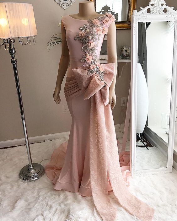 Pink Prom Dresses, Lace Prom Dresses, Arabic Prom Dresses, Mermaid Evening Dresses, Bowknot Prom Dresses, Prom Dresses, Pink Formal Dresses,