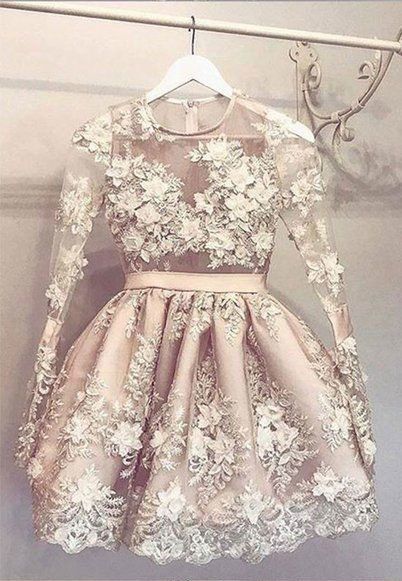 Champagne Prom Dresses, Lace Prom Dresses, Crew Neck Prom Dresses, Long Sleeve Formal Dresses, 2021 Evening Dresses, Party Dresses, Flowers Prom