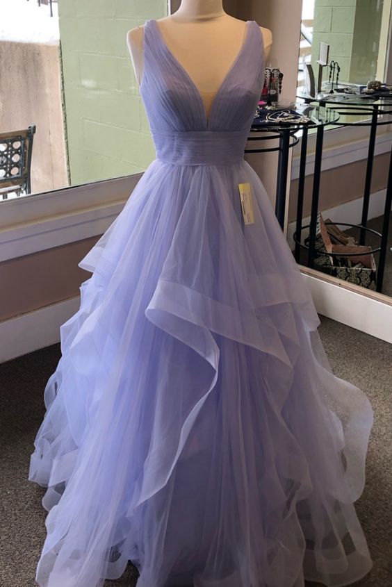 Purple Prom Dresses, 2021 V Neck Prom Dresses, Ruffle Prom Dress, Ball Gown Evening Dress, Tulle Evening Dress, Elegant Prom Dress, Sex Prom