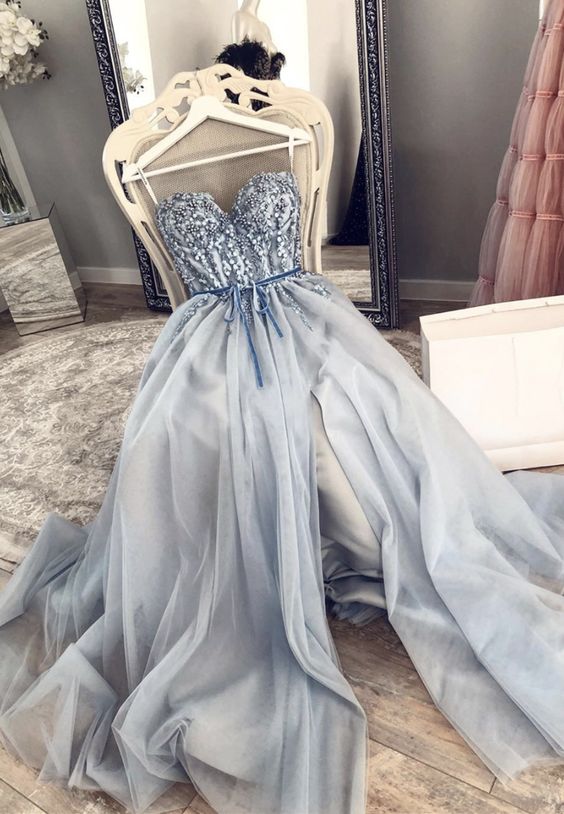 Blue Prom Dresses, Beaded Prom Dresses, Pearls Prom Dresses, A Line Prom Dress, Crystal Evening Dresses, 2021 Evening Dresses, 2021 Party