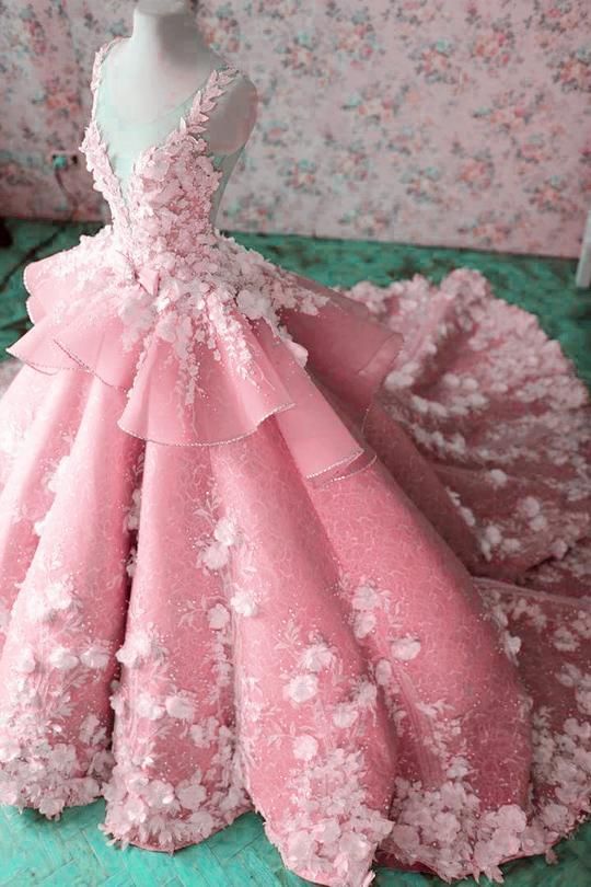 Pink Prom Dresses, Ball Gown Prom Dresses, Hand Made Flowers Prom Dresses, Pink Evening Dresses, Ball Gown Party Dresses. Sexy Evening Dress,