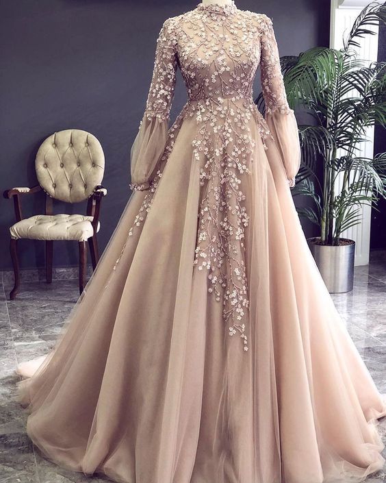 Champagne Prom Dress, Long Sleeve Prom Dress, A Line Prom Dress, Arabic Prom Dresses, Lace Evening Dress, Party Dresses, Lace Formal Dresses,