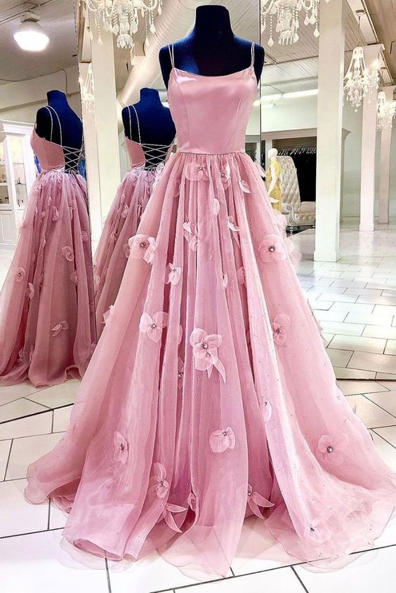 Pink Prom Dresses, Flowers Prom Dresses, Tulle Prom Dresses, A Line Prom Dresses, Hand Made Flowers Prom Dress, Arabic Prom Dresses, Prom