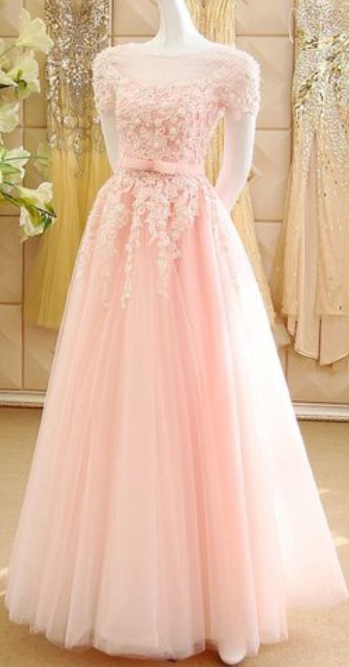 Pink Prom Dresses, Lace Prom Dresses, Sheer Crew Prom Dress, Lace Formal Dresses, Tulle Evening Dresses, Fashion Evening Dresses, 2021 Prom