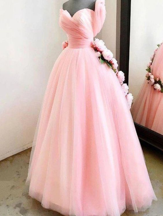 Pink Prom Dreses, 2021 Prom Dresses, Pleats Prom Dresses, Tulle Prom Dresses, Hand Made Flowers Prom Dress, A Line Prom Dresses, Prom Dresses,